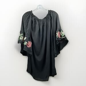Blue Rain Women’s Black Boho Peasant Dress Small Bell Sleeves Floral Embroidered